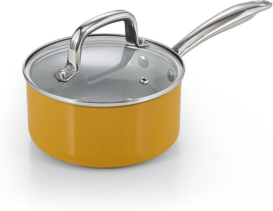 Classic 1.5 Quart Ceramic Nonstick Saucepan with Glass Lid, Everyday Milk Soup Oatmeal Cooking Pan, Non Stick Small Sauce Pan Pot, Stay-Cool Handle, Induction Ready, Yellow