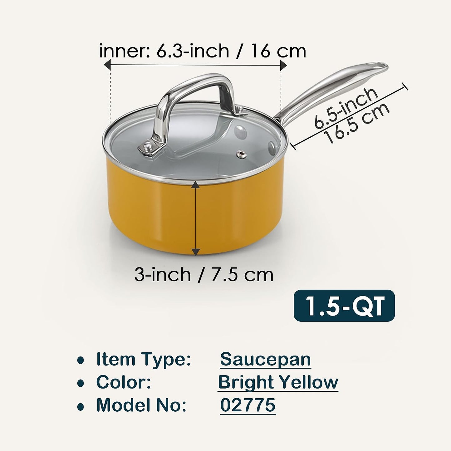 Classic 1.5 Quart Ceramic Nonstick Saucepan with Glass Lid, Everyday Milk Soup Oatmeal Cooking Pan, Non Stick Small Sauce Pan Pot, Stay-Cool Handle, Induction Ready, Yellow