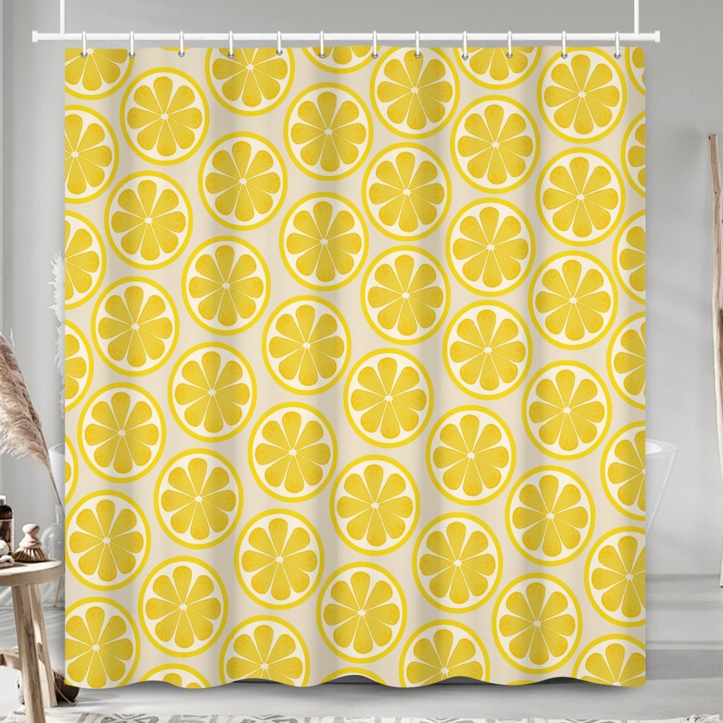 Lemon Shower Curtain with Hooks 71x74 Inch | Yellow Citrus Lemon Slice Print, Waterproof Polyester Fabric Shower Curtains for Bright Bathroom Decor
