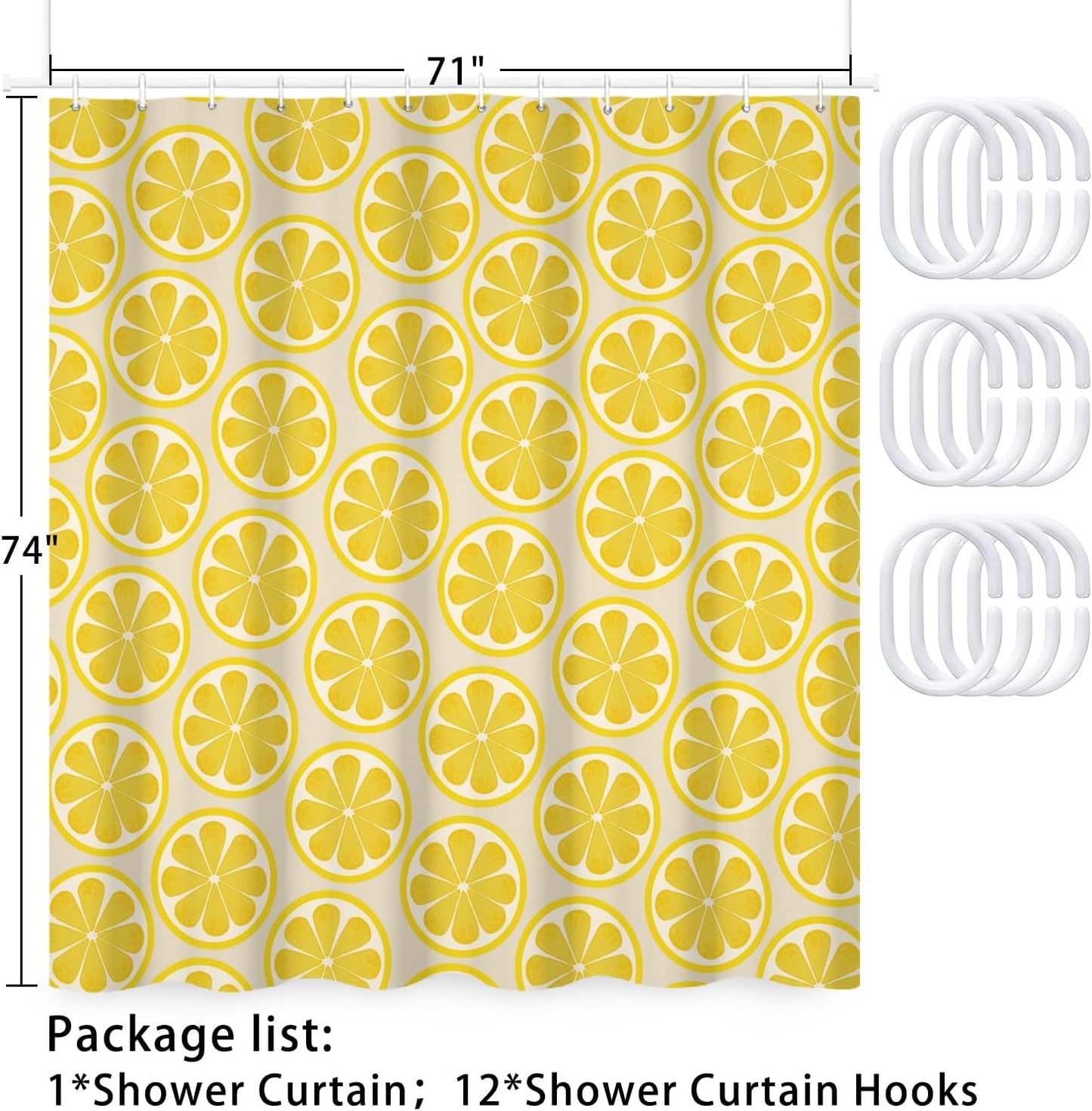 Lemon Shower Curtain with Hooks 71x74 Inch | Yellow Citrus Lemon Slice Print, Waterproof Polyester Fabric Shower Curtains for Bright Bathroom Decor