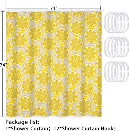 Lemon Shower Curtain with Hooks 71x74 Inch | Yellow Citrus Lemon Slice Print, Waterproof Polyester Fabric Shower Curtains for Bright Bathroom Decor
