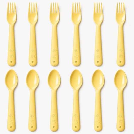 12 Pcs Kids Forks and Spoons, Plastic Kids Utensils, Light Yellow | BPA free, Dishwasher Safe, PP Material, Brightly Colored, Easy to Grip, Sized for School Lunch Box, Fits from 2 Years Old