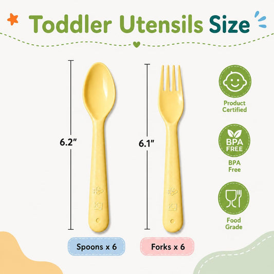 12 Pcs Kids Forks and Spoons, Plastic Kids Utensils, Light Yellow | BPA free, Dishwasher Safe, PP Material, Brightly Colored, Easy to Grip, Sized for School Lunch Box, Fits from 2 Years Old