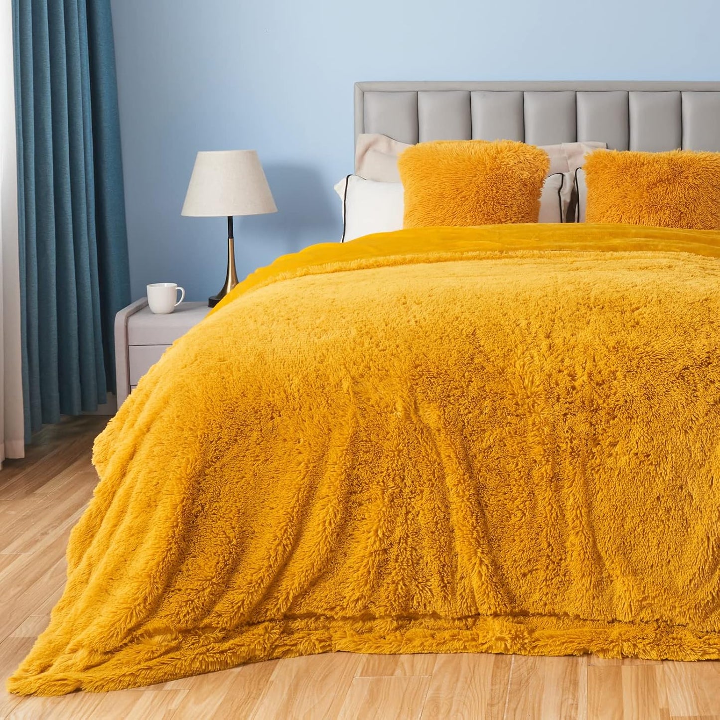 Fuzzy Faux Fur Queen Blanket for Couch, Mustard Yellow, 90"x90" | Warm Cozy Plush Shaggy Decorative Reversible Thick Non-Heated Fleece Blanket for Sofa Bed, Gift for Women Men, All Season Use