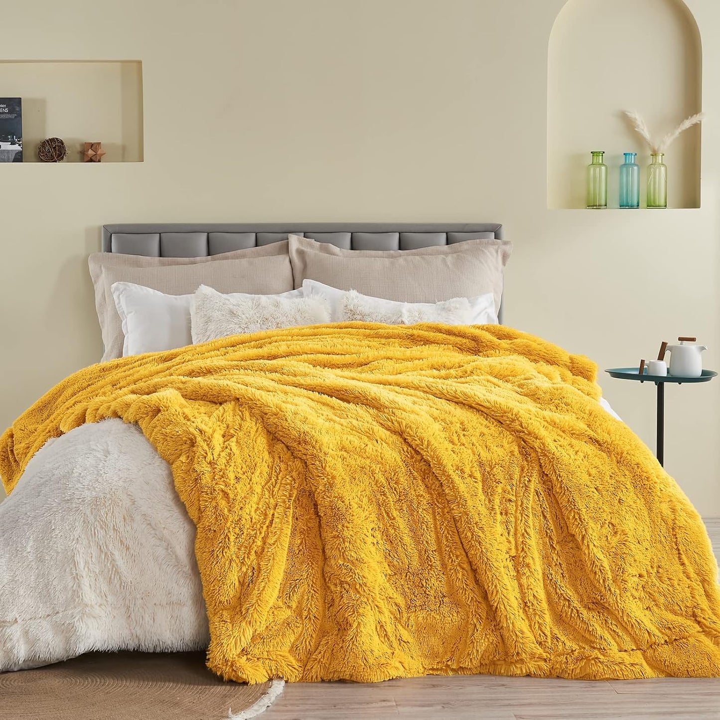 Fuzzy Faux Fur Queen Blanket for Couch, Mustard Yellow, 90"x90" | Warm Cozy Plush Shaggy Decorative Reversible Thick Non-Heated Fleece Blanket for Sofa Bed, Gift for Women Men, All Season Use
