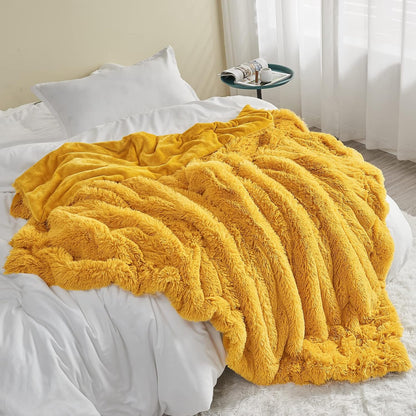 Fuzzy Faux Fur Queen Blanket for Couch, Mustard Yellow, 90"x90" | Warm Cozy Plush Shaggy Decorative Reversible Thick Non-Heated Fleece Blanket for Sofa Bed, Gift for Women Men, All Season Use