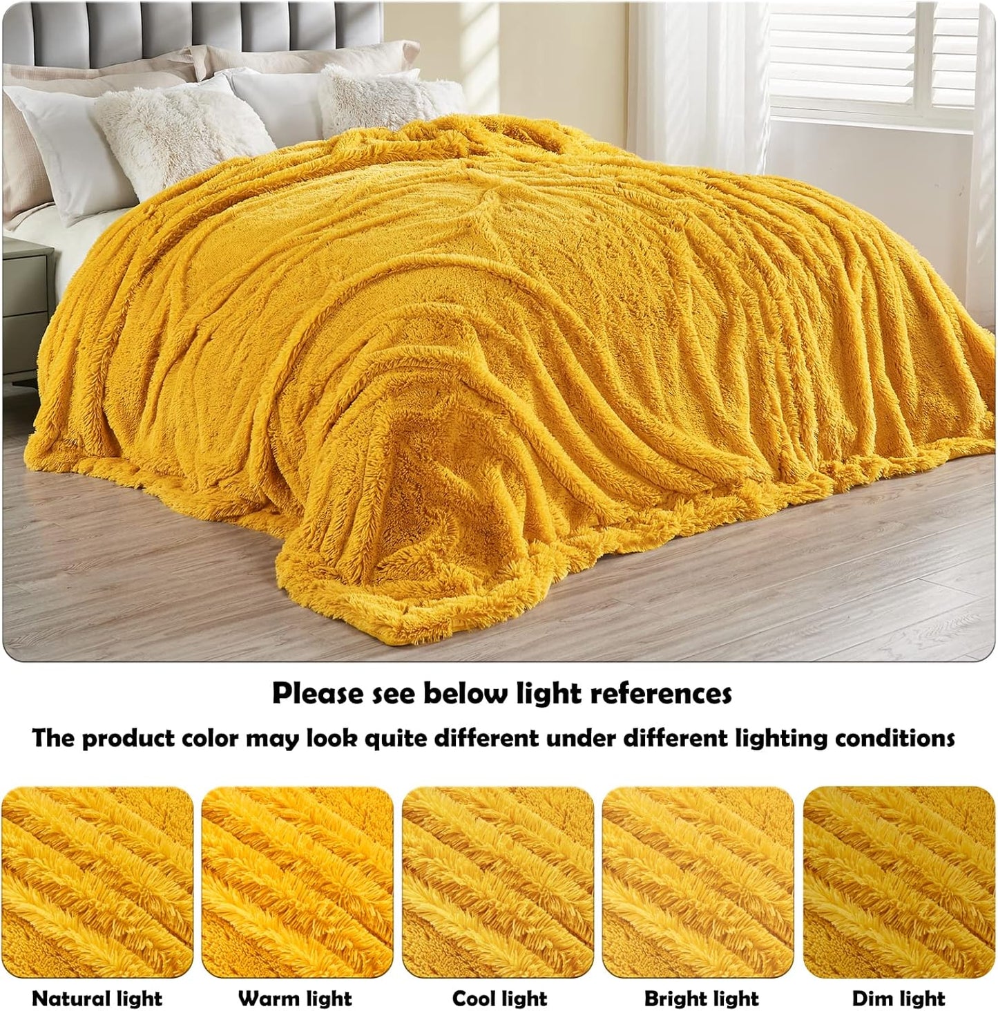 Fuzzy Faux Fur Queen Blanket for Couch, Mustard Yellow, 90"x90" | Warm Cozy Plush Shaggy Decorative Reversible Thick Non-Heated Fleece Blanket for Sofa Bed, Gift for Women Men, All Season Use
