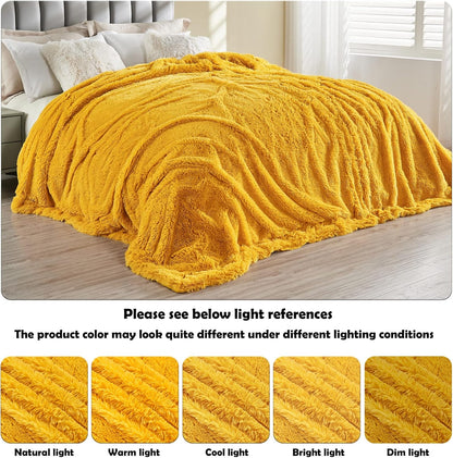 Fuzzy Faux Fur Queen Blanket for Couch, Mustard Yellow, 90"x90" | Warm Cozy Plush Shaggy Decorative Reversible Thick Non-Heated Fleece Blanket for Sofa Bed, Gift for Women Men, All Season Use