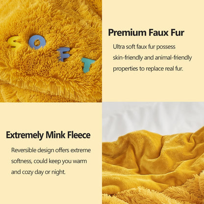 Fuzzy Faux Fur Queen Blanket for Couch, Mustard Yellow, 90"x90" | Warm Cozy Plush Shaggy Decorative Reversible Thick Non-Heated Fleece Blanket for Sofa Bed, Gift for Women Men, All Season Use