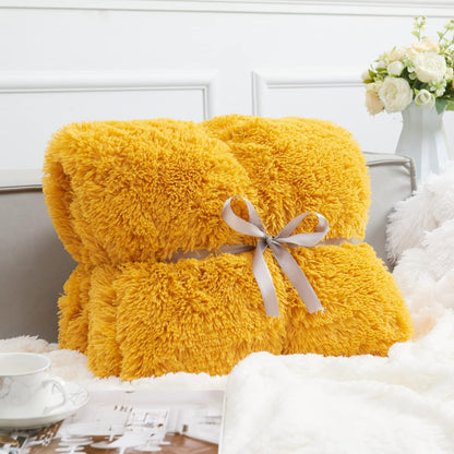 Fuzzy Faux Fur Queen Blanket for Couch, Mustard Yellow, 90"x90" | Warm Cozy Plush Shaggy Decorative Reversible Thick Non-Heated Fleece Blanket for Sofa Bed, Gift for Women Men, All Season Use