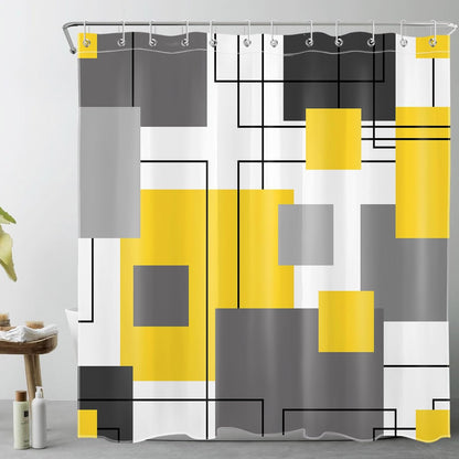 Grey and Yellow Geometric Shower Curtain Sets with Rugs Abstract Minimalist Modern Fabric Shower Curtain with Hooks Black and White Striped Bathroom Curtains Shower Set, 70x70 inches