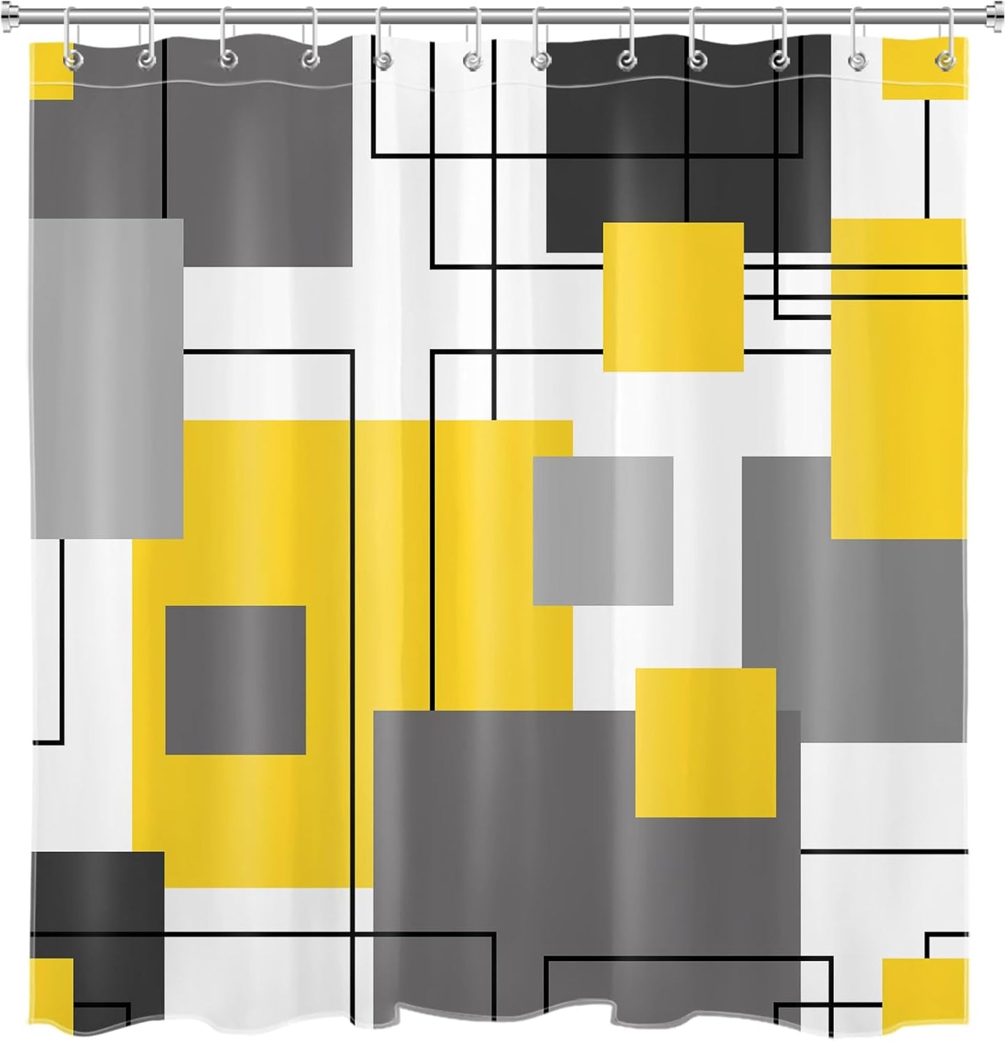 Grey and Yellow Geometric Shower Curtain Sets with Rugs Abstract Minimalist Modern Fabric Shower Curtain with Hooks Black and White Striped Bathroom Curtains Shower Set, 70x70 inches