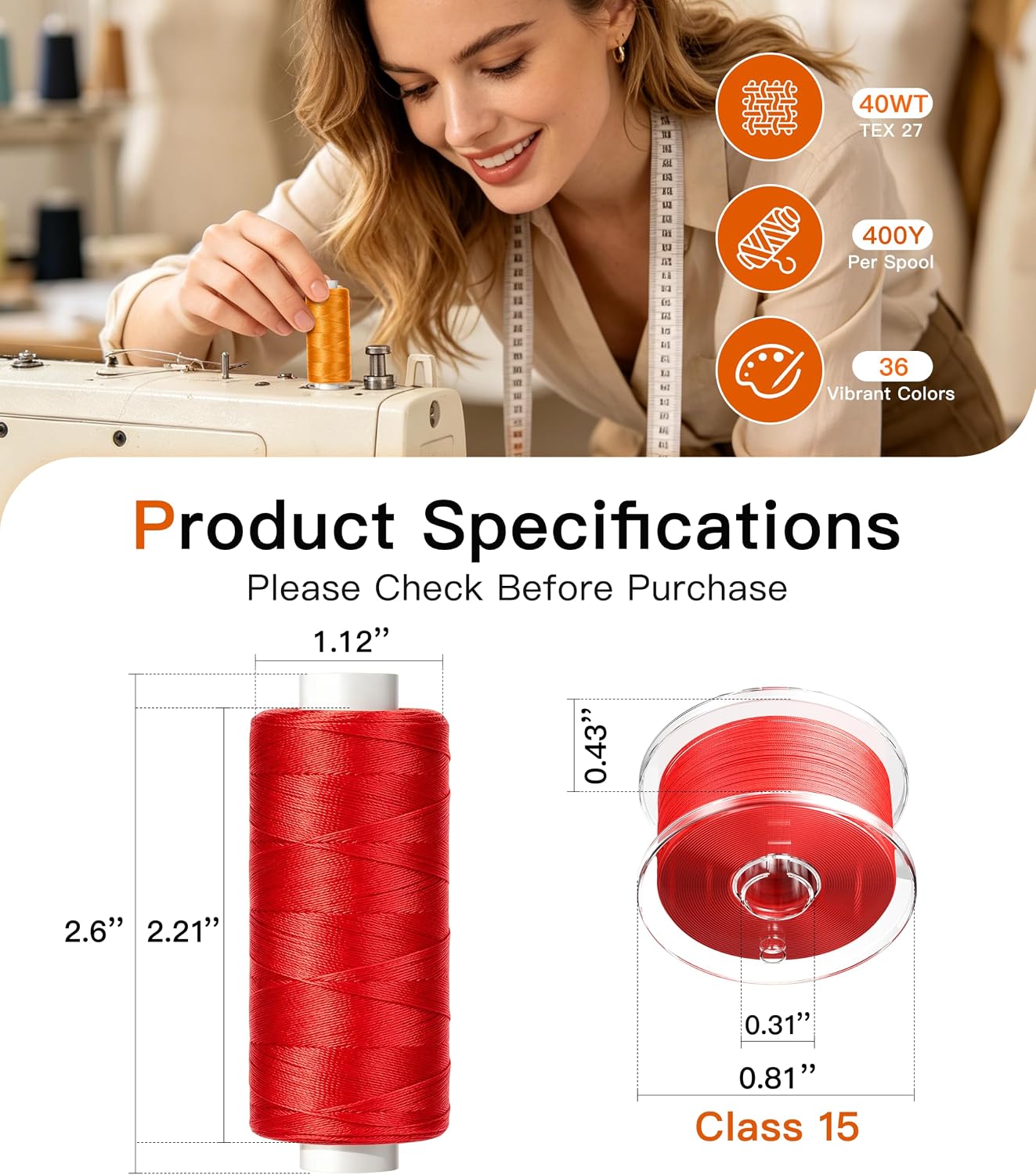 72Pcs All Purpose Sewing Thread Kit with Class 15 / 15J Prewound Bobbins, 36 Colors 40WT 400 Yards/Spool Sewing Thread, AAA-Grade Polyester Sewing Machine Threads for Sewing Embroidery Quilting