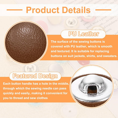 25pcs PU Leather Covered Buttons 15mm Diameter Round Aluminum Shank Craft Replacement Sewing Buttons for Clothing Decoration DIY Accessories, Yellow