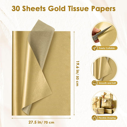 Gold Tissue Paper for Gift Bags and Gift Wrapping - 30 Sheets | 20 x 28 Inch Large Size Gift Wrapping Paper for Gift Bags, Mothers Day Christmas Weddings Celebrations Birthday