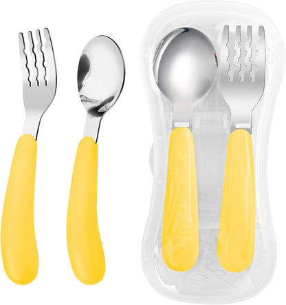 2 Pieces Toddler Fork and Spoon Set with Travel Case 18/8 Stainless Steel Toddler Utensils Kids Silverware Children Flatware Child Cutlery Set for School Lunch Box (Yellow)