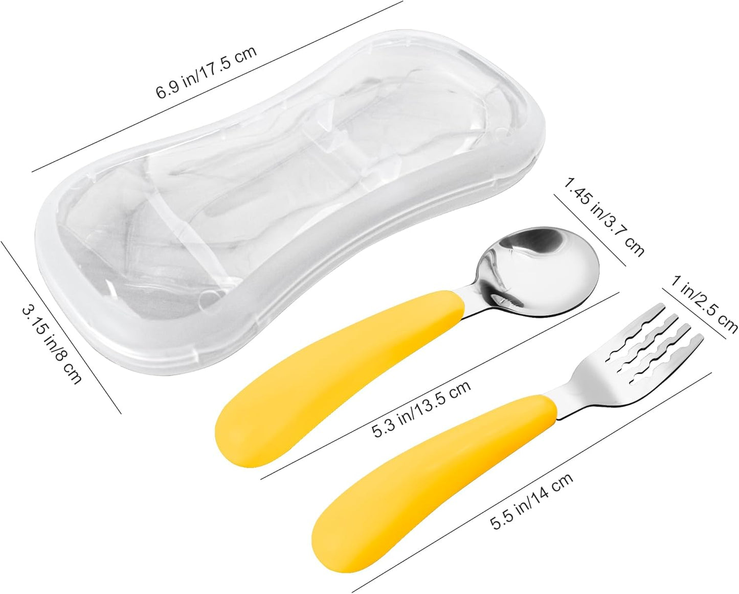 2 Pieces Toddler Fork and Spoon Set with Travel Case 18/8 Stainless Steel Toddler Utensils Kids Silverware Children Flatware Child Cutlery Set for School Lunch Box (Yellow)