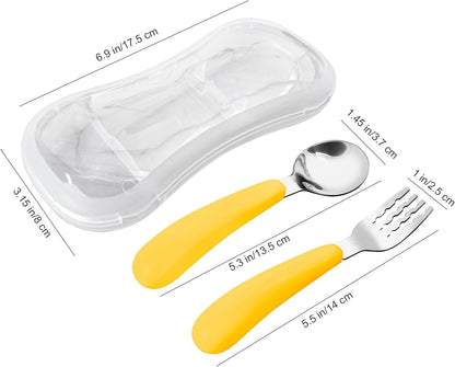 2 Pieces Toddler Fork and Spoon Set with Travel Case 18/8 Stainless Steel Toddler Utensils Kids Silverware Children Flatware Child Cutlery Set for School Lunch Box (Yellow)