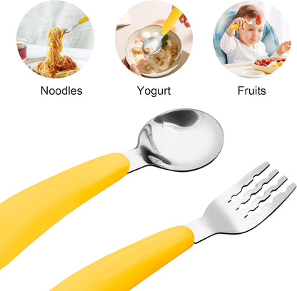 2 Pieces Toddler Fork and Spoon Set with Travel Case 18/8 Stainless Steel Toddler Utensils Kids Silverware Children Flatware Child Cutlery Set for School Lunch Box (Yellow)