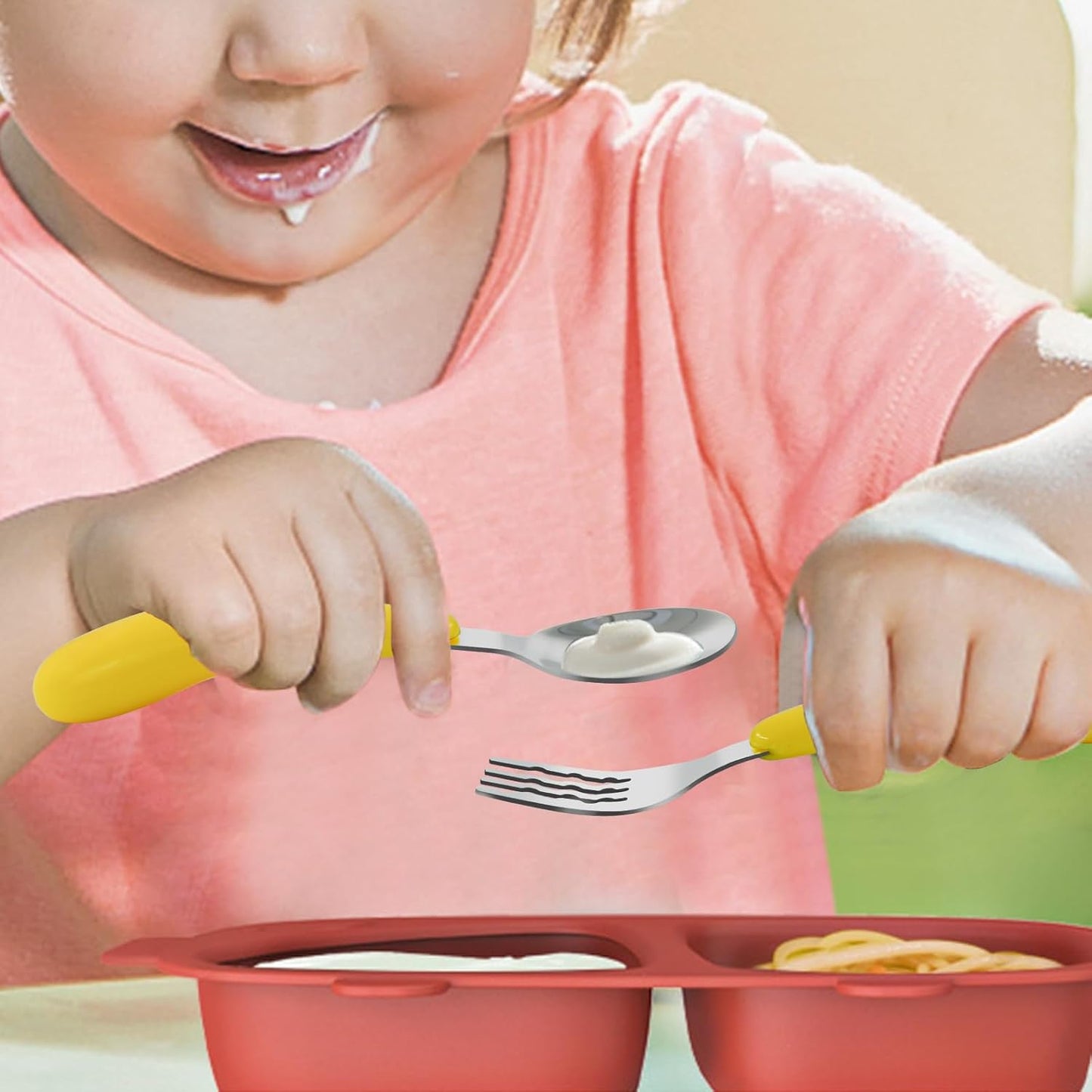 2 Pieces Toddler Fork and Spoon Set with Travel Case 18/8 Stainless Steel Toddler Utensils Kids Silverware Children Flatware Child Cutlery Set for School Lunch Box (Yellow)