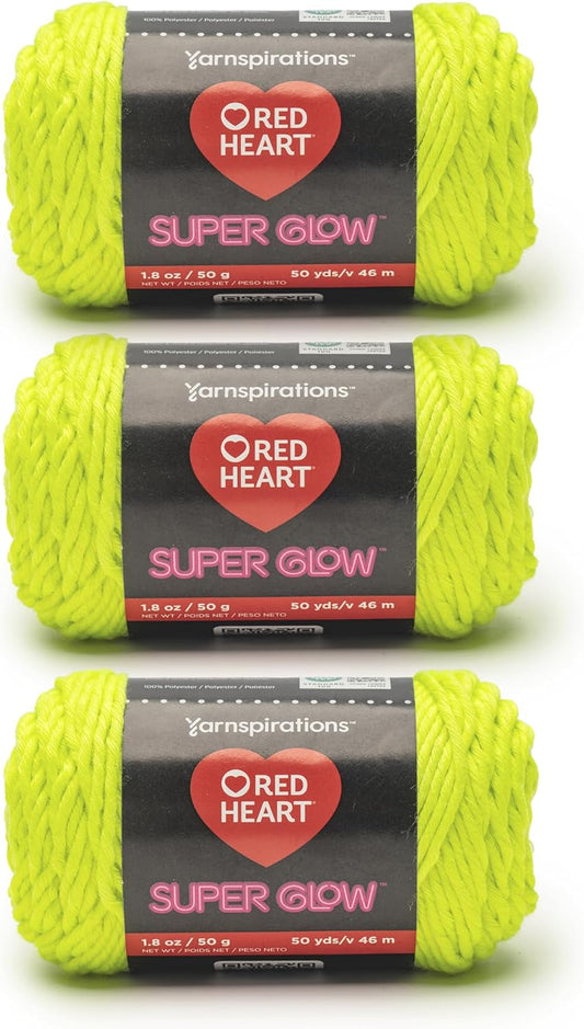 Super Glow Aurora Yellow Yarn - 3 Pack of 1.8oz/50g - 100% Polyester - #4 Worsted (Medium) - 50 Yards - Knitting/Crochet