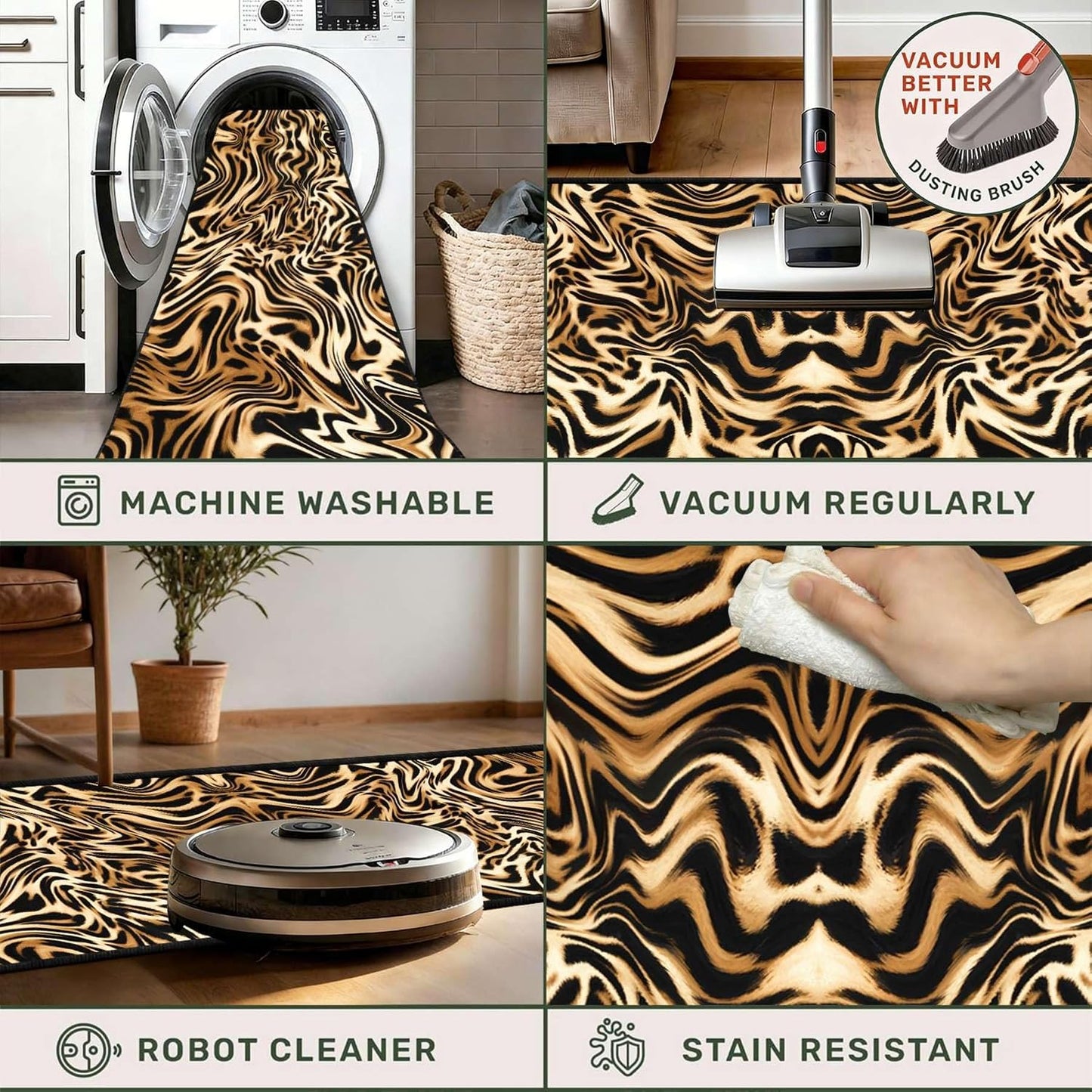 Tiger Stripe Washable Runner Rugs,2x8ft,Black Yellow with TPR Rubber Backing Non Slip Runner Rug for Hallway Kitchen Thin Durable Pet Friendly Bedroom Western Long Bathroom Rug