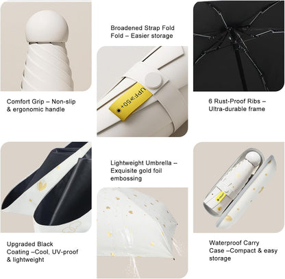 Mini Travel Umbrella, UPF 50+ Purse Umbrella with Case and Carabiner