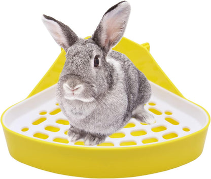 Rabbit Litter Box Toilet Bunny Corner Potty for Guinea Pigs, Yellow | Sturdy plastic, 9.45"x7.09"x4.33" pan, scalloped splash guard, mesh drop-through design, easy rinse-clean, for small animal