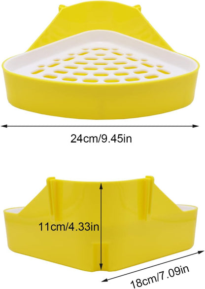 Rabbit Litter Box Toilet Bunny Corner Potty for Guinea Pigs, Yellow | Sturdy plastic, 9.45"x7.09"x4.33" pan, scalloped splash guard, mesh drop-through design, easy rinse-clean, for small animal