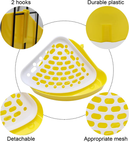 Rabbit Litter Box Toilet Bunny Corner Potty for Guinea Pigs, Yellow | Sturdy plastic, 9.45"x7.09"x4.33" pan, scalloped splash guard, mesh drop-through design, easy rinse-clean, for small animal