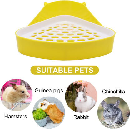 Rabbit Litter Box Toilet Bunny Corner Potty for Guinea Pigs, Yellow | Sturdy plastic, 9.45"x7.09"x4.33" pan, scalloped splash guard, mesh drop-through design, easy rinse-clean, for small animal