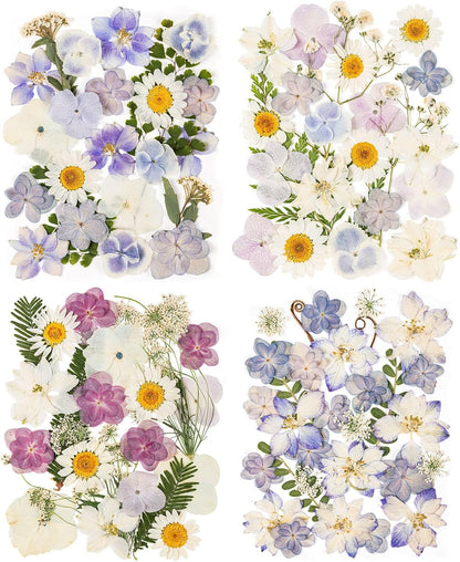 120pcs Dried Pressed Hydrangea Flowers for Crafts, Natural Blue, Pink & White Pressed Dried Flowers with Tweezer for DIY Crafts Resin Mold Candles Cake Bridal Scrapbooking Supplies