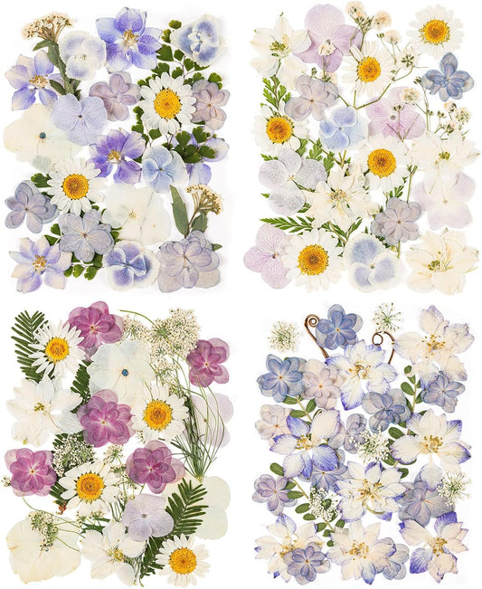 120pcs Dried Pressed Hydrangea Flowers for Crafts, Natural Blue, Pink & White Pressed Dried Flowers with Tweezer for DIY Crafts Resin Mold Candles Cake Bridal Scrapbooking Supplies