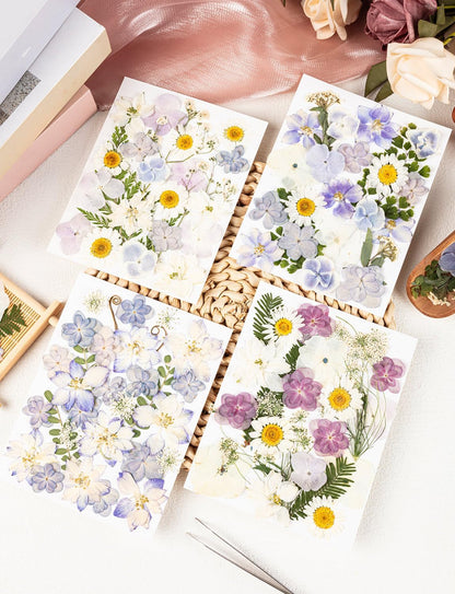 120pcs Dried Pressed Hydrangea Flowers for Crafts, Natural Blue, Pink & White Pressed Dried Flowers with Tweezer for DIY Crafts Resin Mold Candles Cake Bridal Scrapbooking Supplies
