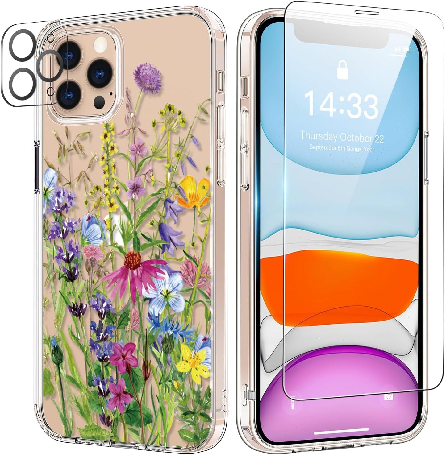 for iPhone 11 Pro Max Case with Screen Protector and Camera Lens Protector - Fashionable Flower Floral Designs for Women Girls - Shockproof Acrylic Clear Phone Cover Blooming Flowers