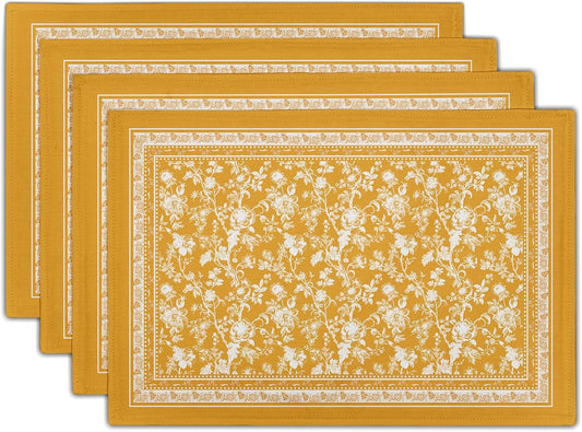 Rustic Yellow Vintage Flowers Placemats Set of 4，Chinoiserie Floral Branches Decoration Table Mat Washable Non-Slip Place Mats 12 x 18 Inch for Party Kitchen Dining