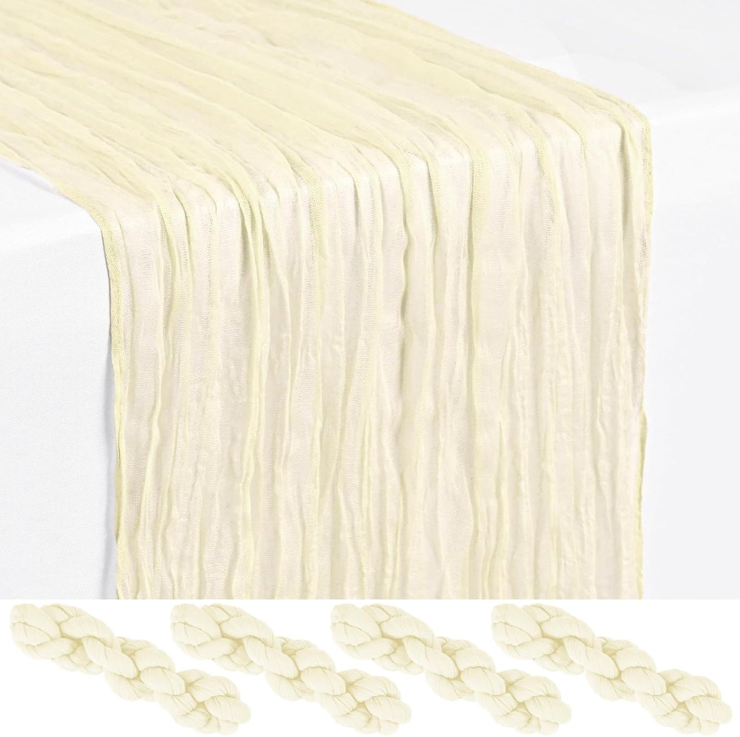 18 Pack Light Yellow Cheesecloth Table Runners, 17 x 108 Inches | Soft polyester gauze,natural wrinkled texture,reinforced edges,reusable,machine washable,weddings,baby showers