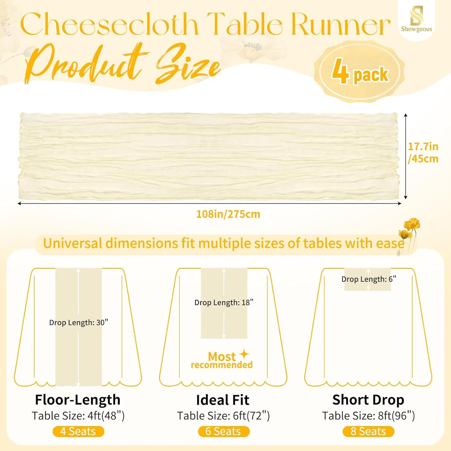 18 Pack Light Yellow Cheesecloth Table Runners, 17 x 108 Inches | Soft polyester gauze,natural wrinkled texture,reinforced edges,reusable,machine washable,weddings,baby showers
