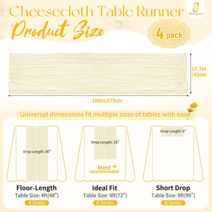 18 Pack Light Yellow Cheesecloth Table Runners, 17 x 108 Inches | Soft polyester gauze,natural wrinkled texture,reinforced edges,reusable,machine washable,weddings,baby showers