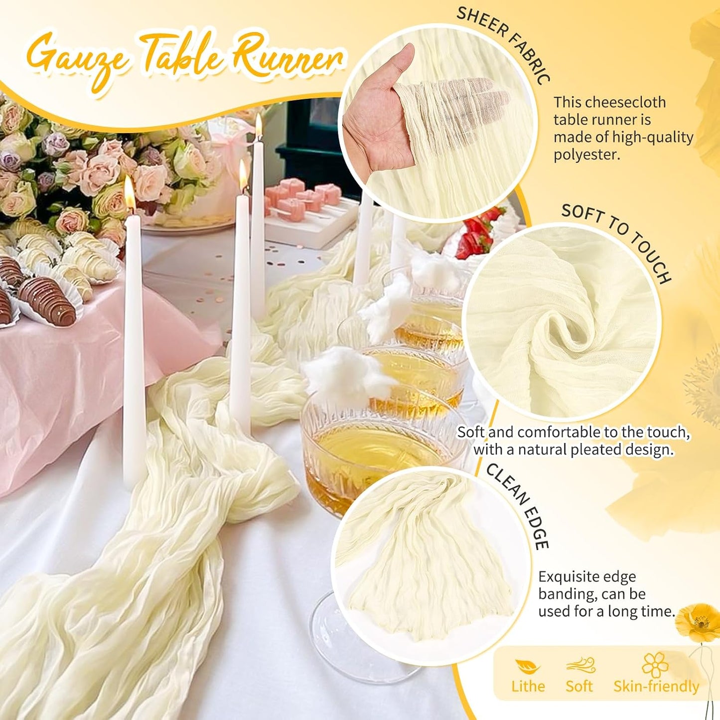18 Pack Light Yellow Cheesecloth Table Runners, 17 x 108 Inches | Soft polyester gauze,natural wrinkled texture,reinforced edges,reusable,machine washable,weddings,baby showers