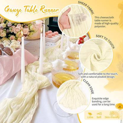 18 Pack Light Yellow Cheesecloth Table Runners, 17 x 108 Inches | Soft polyester gauze,natural wrinkled texture,reinforced edges,reusable,machine washable,weddings,baby showers
