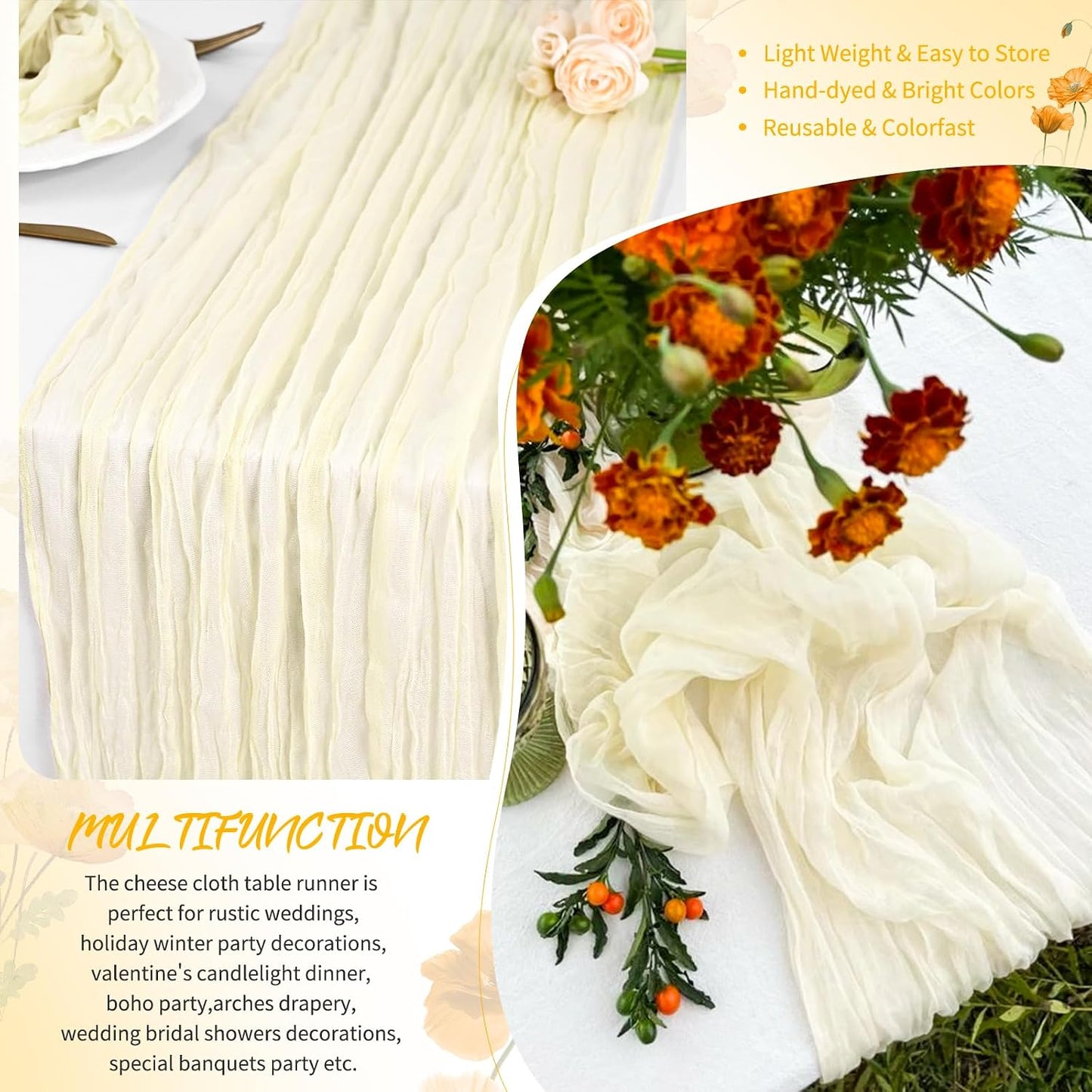 18 Pack Light Yellow Cheesecloth Table Runners, 17 x 108 Inches | Soft polyester gauze,natural wrinkled texture,reinforced edges,reusable,machine washable,weddings,baby showers