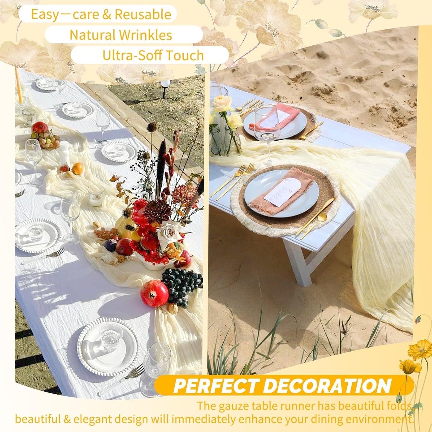 18 Pack Light Yellow Cheesecloth Table Runners, 17 x 108 Inches | Soft polyester gauze,natural wrinkled texture,reinforced edges,reusable,machine washable,weddings,baby showers