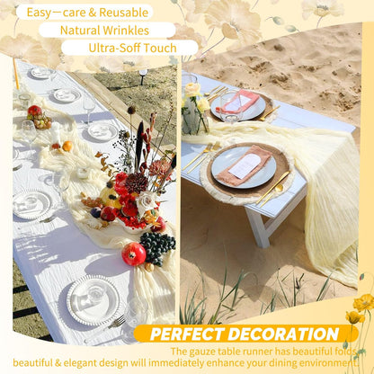 18 Pack Light Yellow Cheesecloth Table Runners, 17 x 108 Inches | Soft polyester gauze,natural wrinkled texture,reinforced edges,reusable,machine washable,weddings,baby showers
