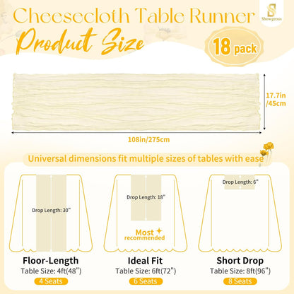 18 Pack Light Yellow Cheesecloth Table Runners, 17 x 108 Inches | Soft polyester gauze,natural wrinkled texture,reinforced edges,reusable,machine washable,weddings,baby showers