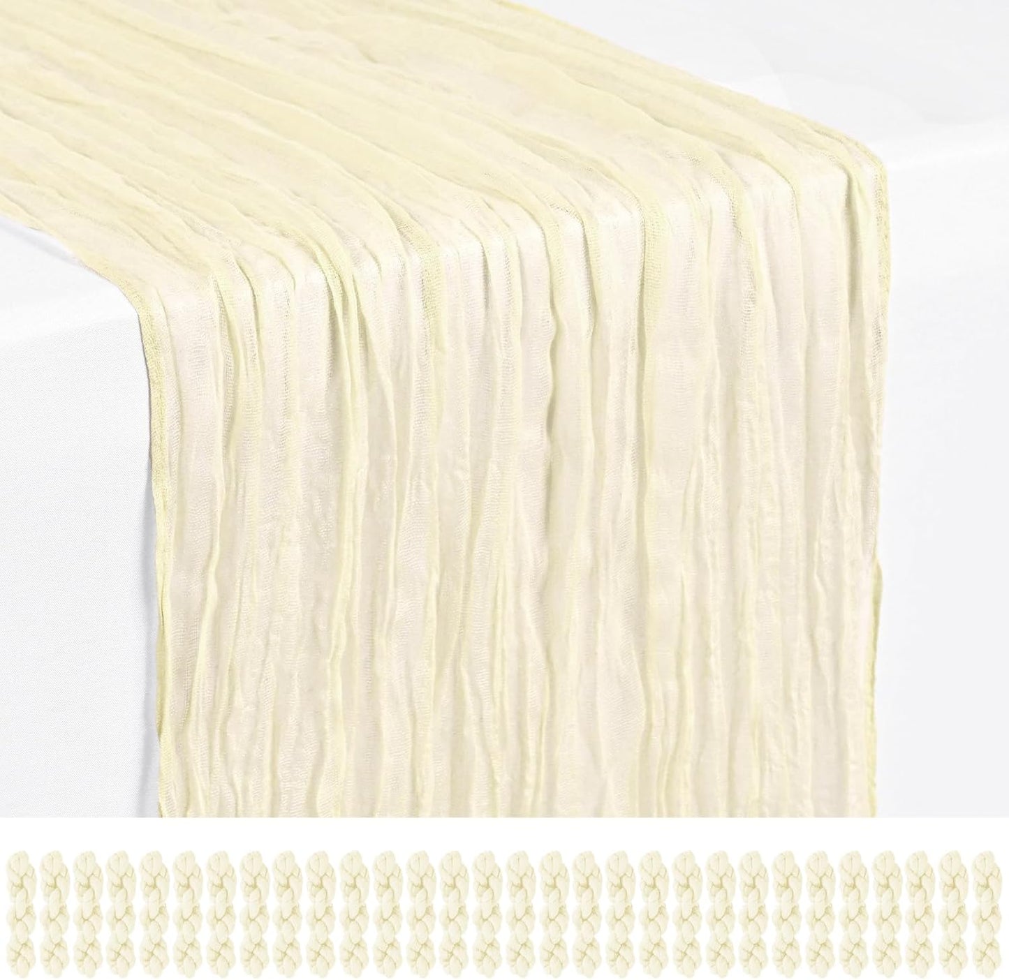 18 Pack Light Yellow Cheesecloth Table Runners, 17 x 108 Inches | Soft polyester gauze,natural wrinkled texture,reinforced edges,reusable,machine washable,weddings,baby showers