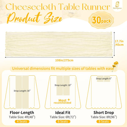 18 Pack Light Yellow Cheesecloth Table Runners, 17 x 108 Inches | Soft polyester gauze,natural wrinkled texture,reinforced edges,reusable,machine washable,weddings,baby showers