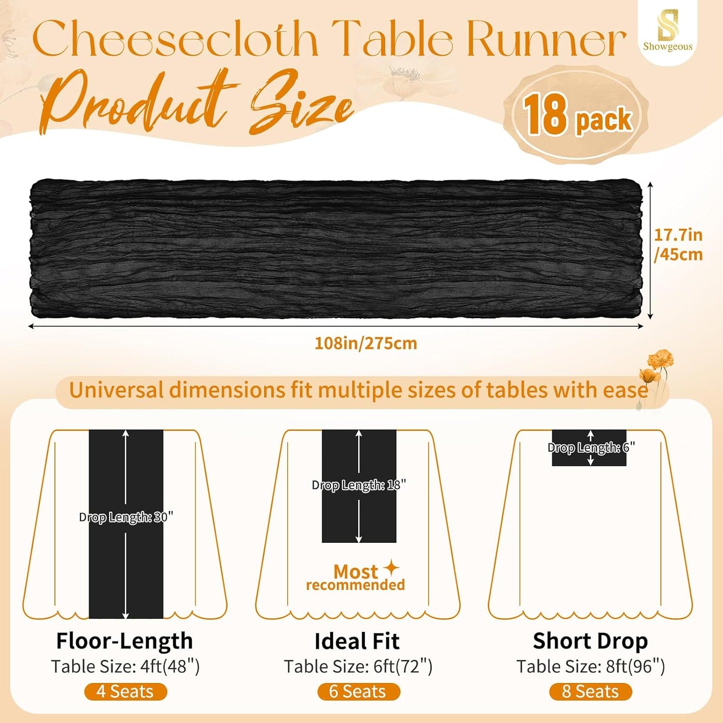18 Pack Light Yellow Cheesecloth Table Runners, 17 x 108 Inches | Soft polyester gauze,natural wrinkled texture,reinforced edges,reusable,machine washable,weddings,baby showers
