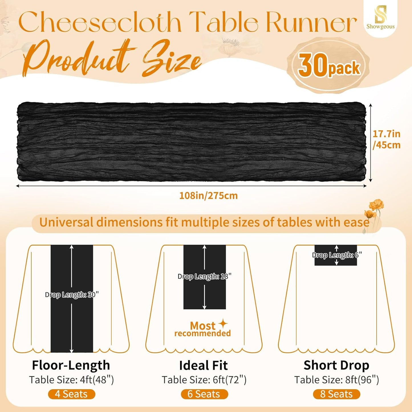 18 Pack Light Yellow Cheesecloth Table Runners, 17 x 108 Inches | Soft polyester gauze,natural wrinkled texture,reinforced edges,reusable,machine washable,weddings,baby showers