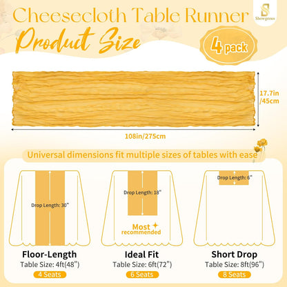 18 Pack Light Yellow Cheesecloth Table Runners, 17 x 108 Inches | Soft polyester gauze,natural wrinkled texture,reinforced edges,reusable,machine washable,weddings,baby showers